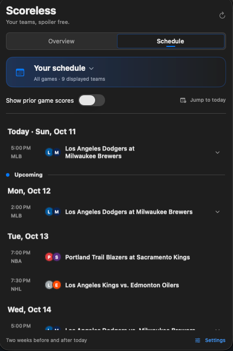 Actual Scoreless schedule in dark appearance